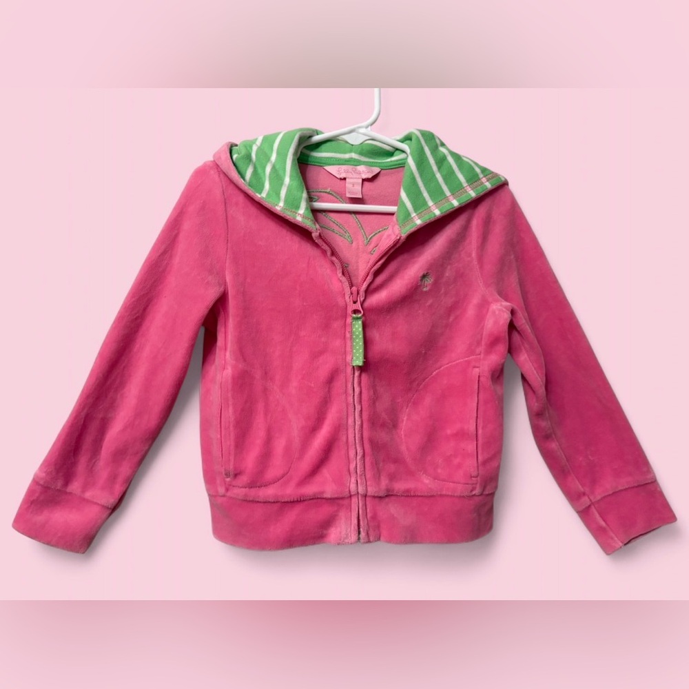 Lilly Pulitzer Preppy Pink Velour Zip Palm Tree Hooded Jacket | Girls Size 3